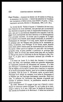 Edmond Meynial, « Compte rendu critique de <em>Comment les femmes ont été exclues en France de la succession de la couronne</em> », <em>La Nouvelle Revue historique de droit français et étranger</em>, 20<sup>e</sup> année, 1896. Page 1.